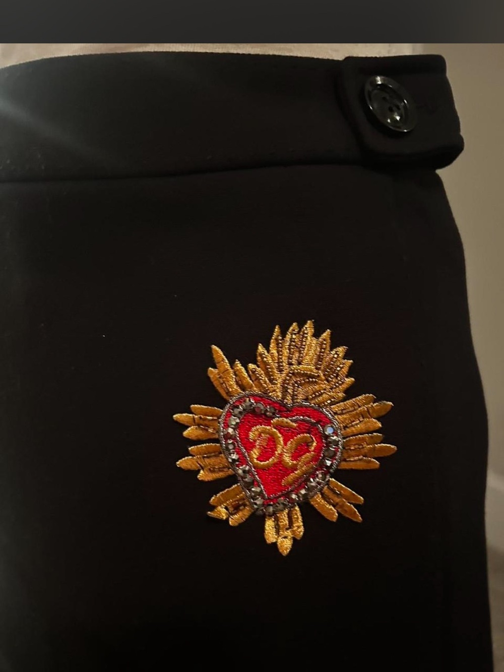 Dolce & gabbana  Black Mini Skirt with Gold Embroidered Heart Patch and Red Acce